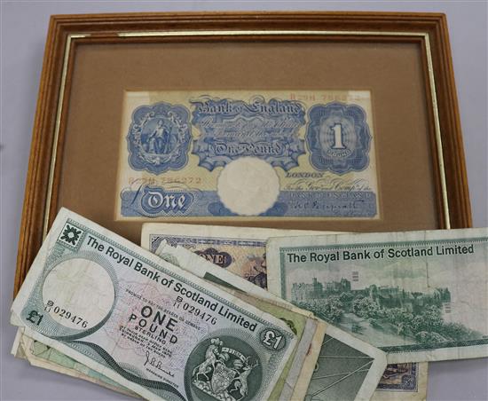 A collection of English bank notes and a state of Louisiana five Dollar bank note, dated 1886